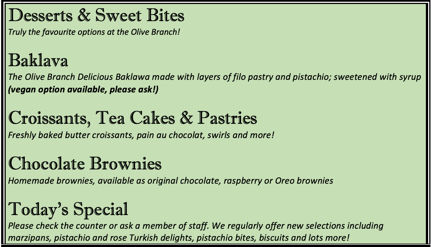 Desserts menu baklava baklawa the olive branch wivenhoe