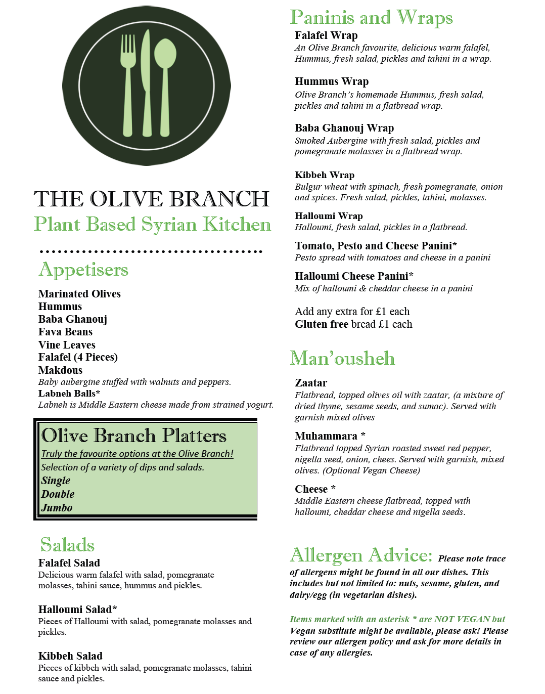 Food menu 2022 the olive branch wivenhoe vegan food